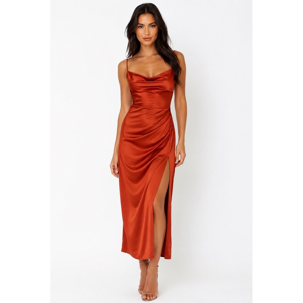Finesse Burnt Orange Satin Cowl Neck Ruched Midi Dress Side Slit Size Small
